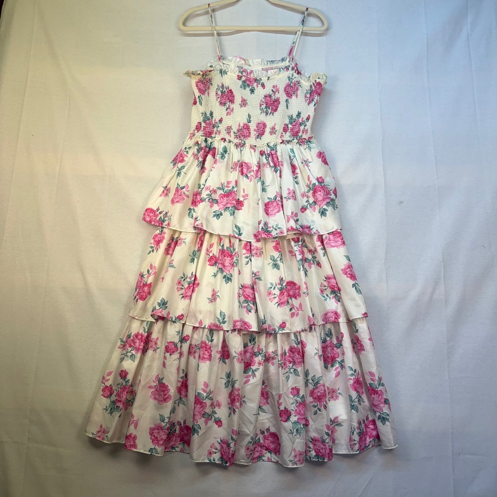 LoveShackFancy Target Pink Floral Smocked Tiered Maxi Dress Large Sleeveless